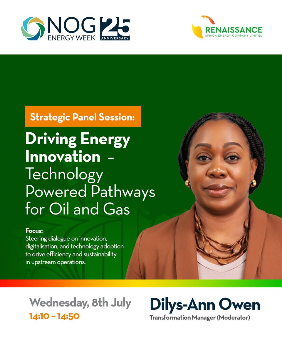 Renaissance_Afr's tweet photo. Join us for this strategic panel session as industry experts explore how innovation, digitalisation and technology are transforming upstream operations and shaping the future of energy.

Moderated by Dilys-Ann Owen, Transformation Manager, Renaissance Africa Energy Company, this conversation will provide practical insights into the technologies and strategies driving operational excellence.

Today, Wednesday, 8 July
2:10 PM – 2:50 PM

Don’t miss this opportunity to be part of the conversation. Join us and discover how technology is powering the next chapter of Africa’s energy future.

#NOGEnergyWeek2026 #NOG25 #RenaissanceAfricaEnergy #EnergyInnovation #DigitalTransformation #Technology #OilAndGas #Upstream #EnergyTransition #NigeriaEnergy #DrivingProgress