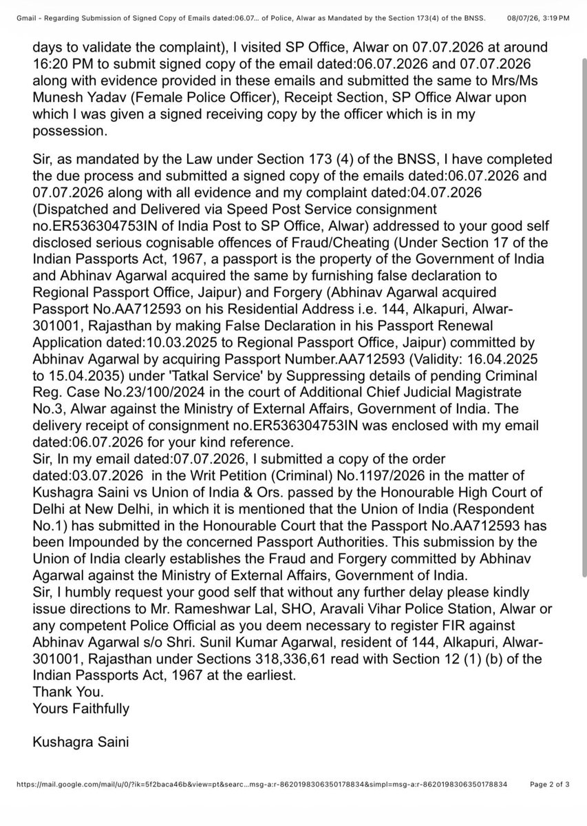 kushalmighty07's tweet photo. In the meanwhile #ZEROFIR on genuine complaints disclosing #CognisableOffences are not registered by the @AlwarPolice which is a law bound duty of any police official.
Shame.
@RajCMO @Rajeev_ips @svoruganti1466 @Bhiwadipolice @IgpJaipur
#BhiwadiPolice #RajasthanPolice #FakeFIRAction #SPBrijeshUpadhyay #LawAndOrder
#BNS2023 #PublicAwareness #SmartPolicing2026
#BNS
#BNSS
#BSA
#भारतीय_न्याय_संहिता
#न्याय_संहिता