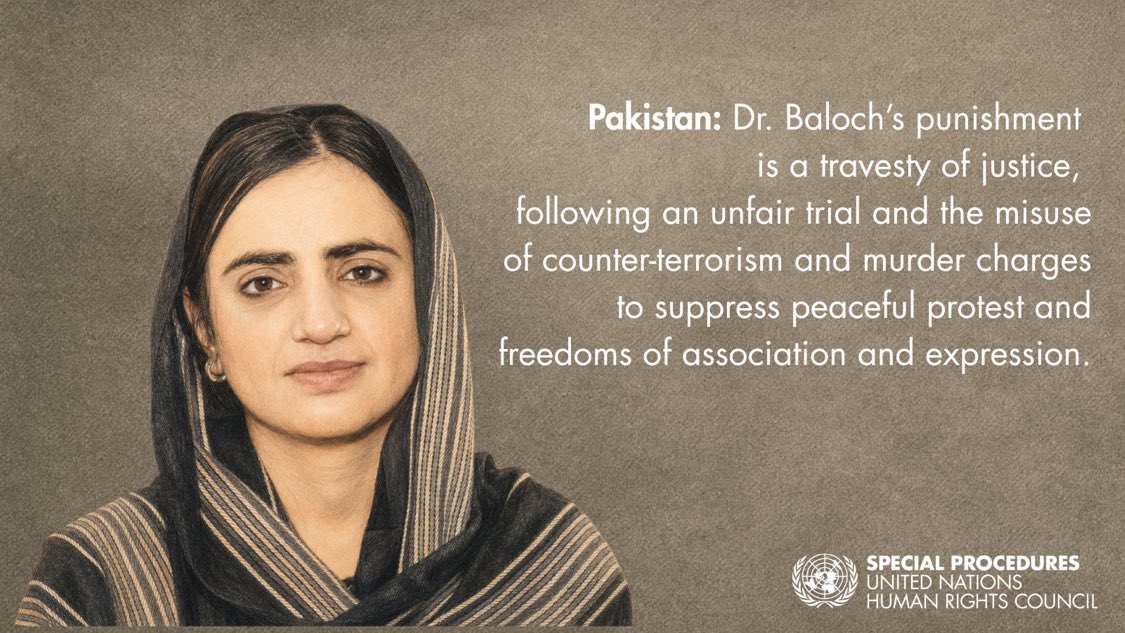 SabihaBaloch_'s tweet photo. UN experts @UN_SPExperts condemn life sentence against Baloch #humanrights defender Dr. Mahrang Baloch as grave injustice. “These convictions risk silencing independent voices in #Balochistan and further shrinking civic space.”

#ReleaseBYCLeaders 

@AndreaBV_SR_HRD @profbensaul 

https://t.co/aIGMbe6606…