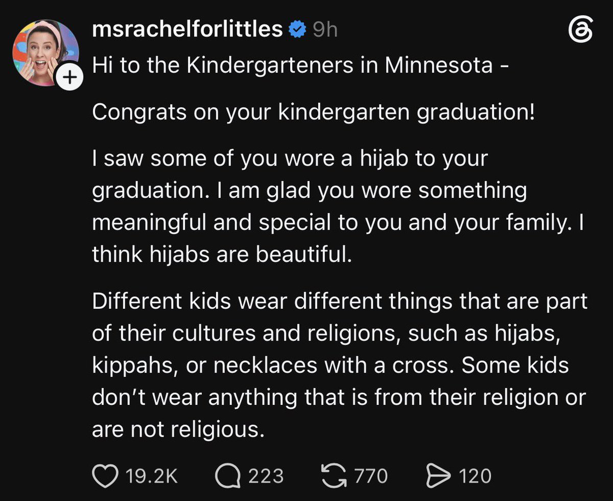 MaxNordau's tweet photo. I don’t think those kindergarteners chose to wear the hijab, Rachel. https://t.co/nkg11AQG1A