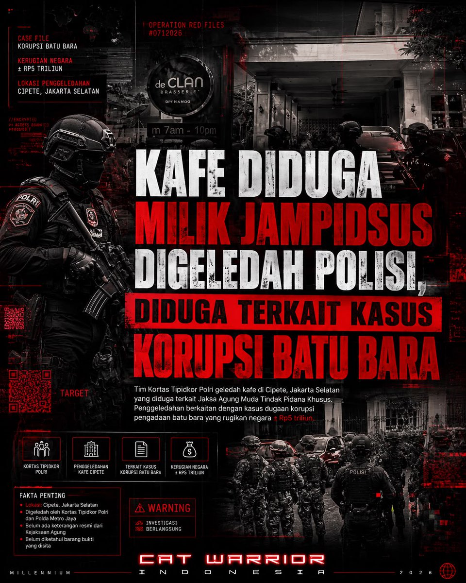dhemit_is_back's tweet photo. Diduga milik Jaksa Agung Muda Tindak Pidana Khusus (Jampidsus), Febrie Adriansyah, di kawasan Cipete, Jakarta Selatan, pada Rabu, 8 Juli 2026.

Penggeledahan disebut terkait penyidikan dugaan korupsi dan tindak pidana pencucian uang (TPPU) pengadaan batu bara untuk sejumlah PLTU.

Ditemukan dollar Singapura dan USD