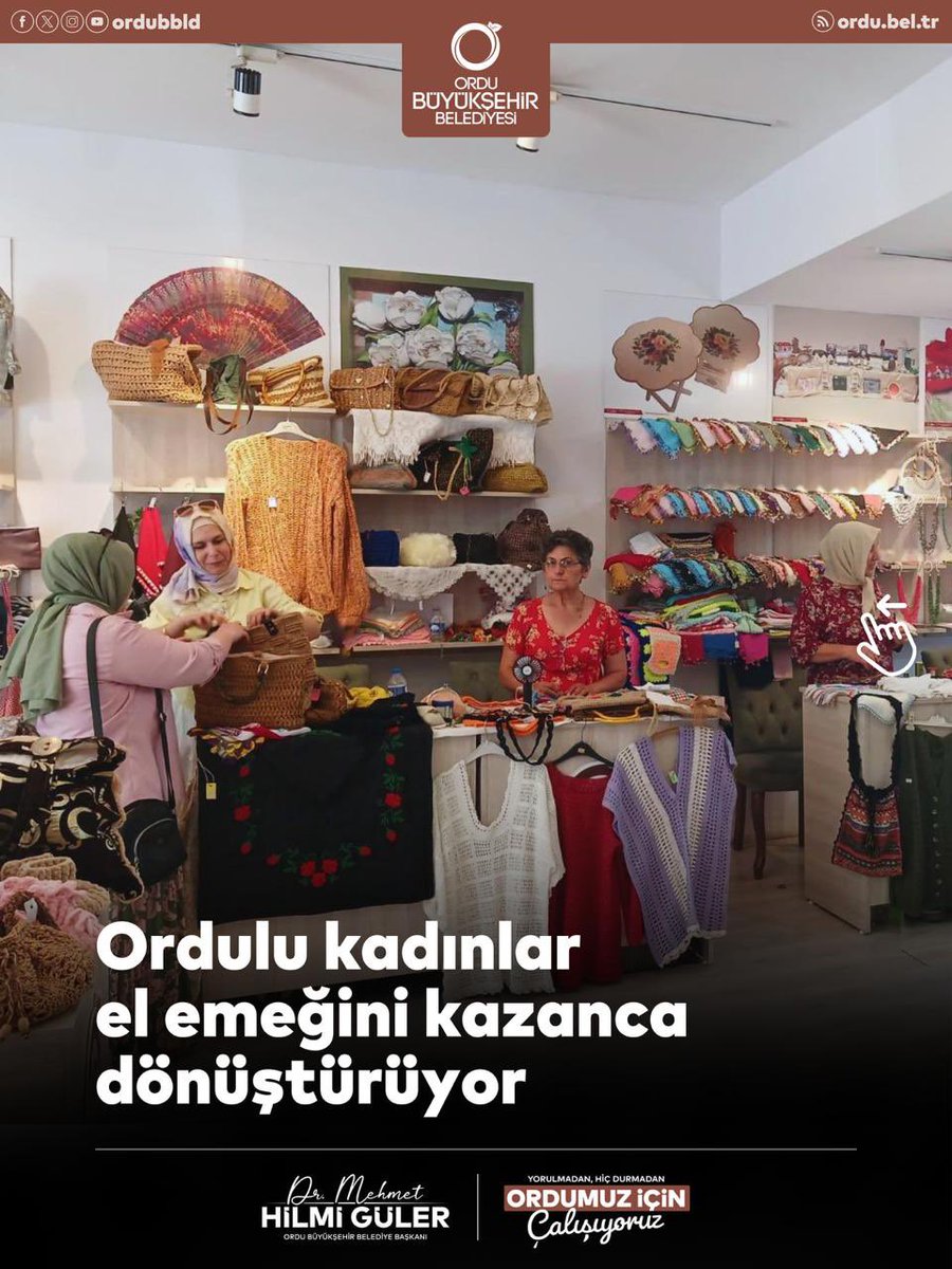 OrduBBld's tweet photo. El emeğini değere, üretimi kazanca dönüştürüyoruz.

Altınordu ve Ünye El Emeği Çarşılarımızda bugüne kadar 3 bin 365 kadın ürünlerini sergileme fırsatı bulurken, 5 milyon 769 bin TL’yi aşan satışla aile bütçelerine katkı sağladı. Üreten kadınların yanında olmaya, emeklerini desteklemeye devam ediyoruz.