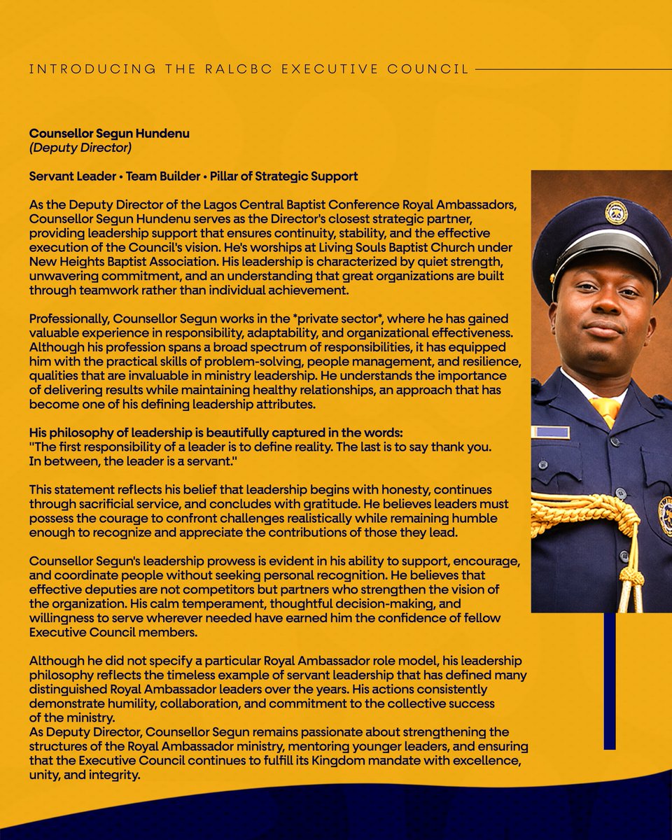RALagosCentral's tweet photo. Coun. (Pleni.) Adegoke Adewoye Abiodun (Director)
"Vision in his heart. Excellence in his hands. Leading the Conference with purpose, passion, and Kingdom impact."
Coun. (Pleni) Segun Hundenu (Deputy Director)
"The strength behind the vision, steady, dependable, and always ready" https://t.co/uk4Hj60NJg
