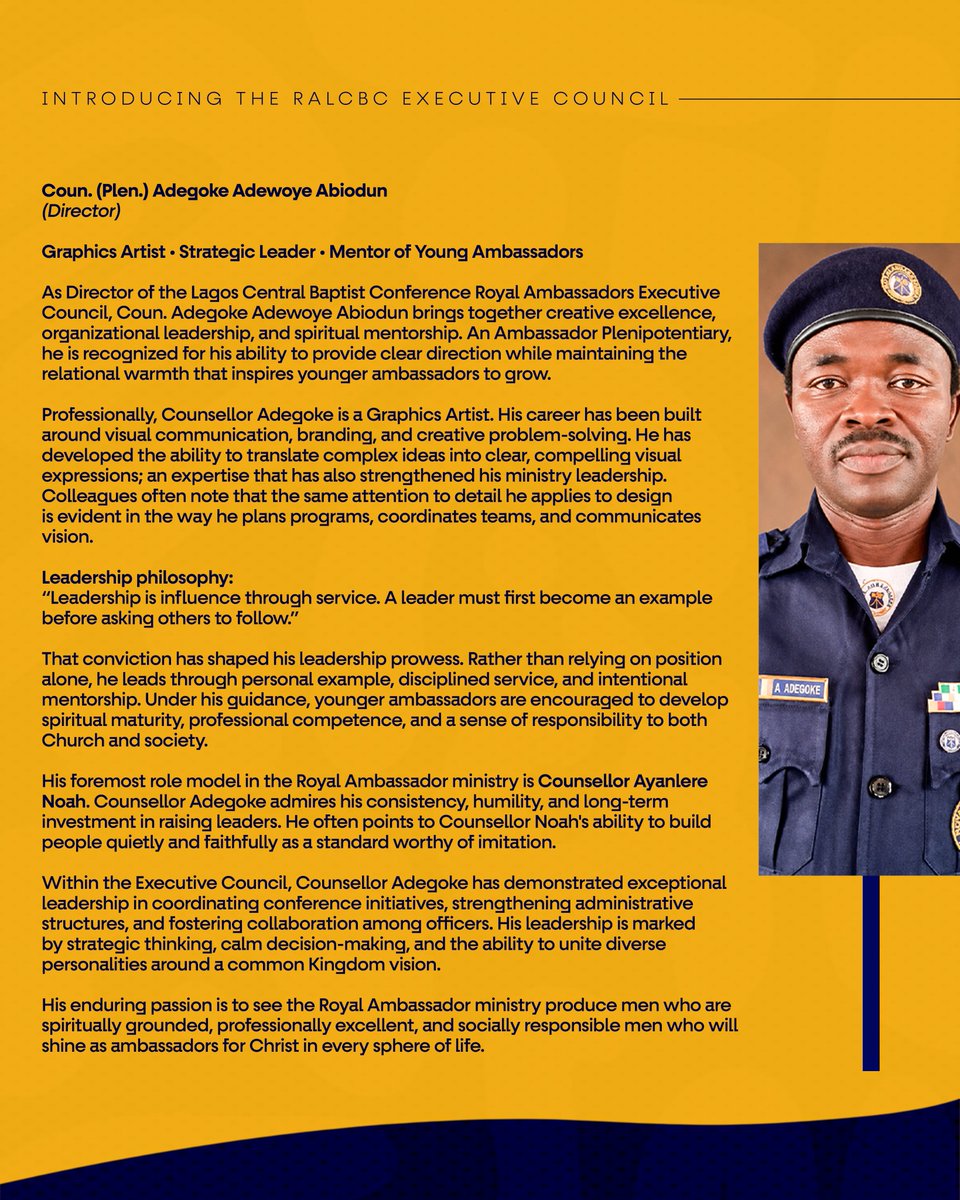 RALagosCentral's tweet photo. Coun. (Pleni.) Adegoke Adewoye Abiodun (Director)
"Vision in his heart. Excellence in his hands. Leading the Conference with purpose, passion, and Kingdom impact."
Coun. (Pleni) Segun Hundenu (Deputy Director)
"The strength behind the vision, steady, dependable, and always ready" https://t.co/uk4Hj60NJg