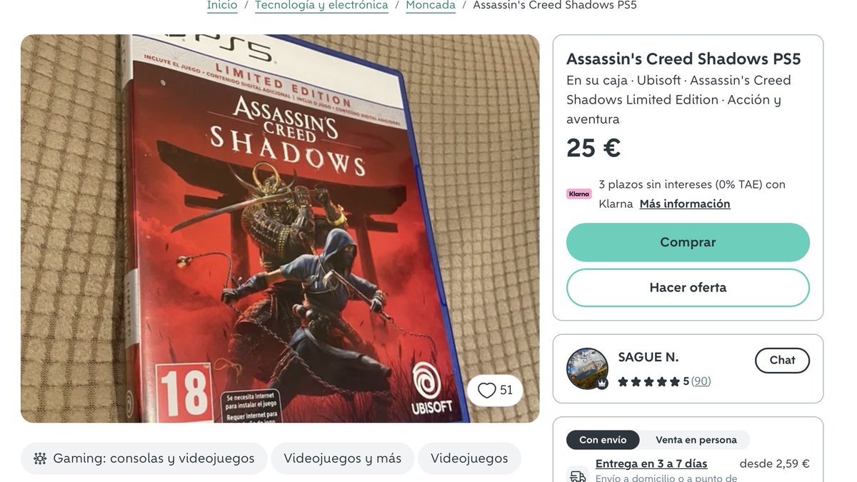 ivvanex's tweet photo. AC Black Flag price disparity is something people should be aware of. And it will only increase once the physical version goes on sale. 

AC Shadows (digital) still sells for 80€ but you can find it second hand for 25€.

This is exactly what Sony wants to take away from you. https://t.co/WhIQC33oYF
