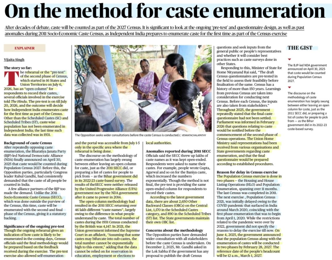 imRavikantYadav's tweet photo. On the method for Caste enumeration
:An informative article by Ms Vijaita Singh
@vijaita
#CasteEnumeration
#Caste #PreTest #Census #OpenColumn
#SECC
#Reservation #Education #Employment #Elections
#Policy
#UPSC
Source: TH https://t.co/FGZVYBgvrD