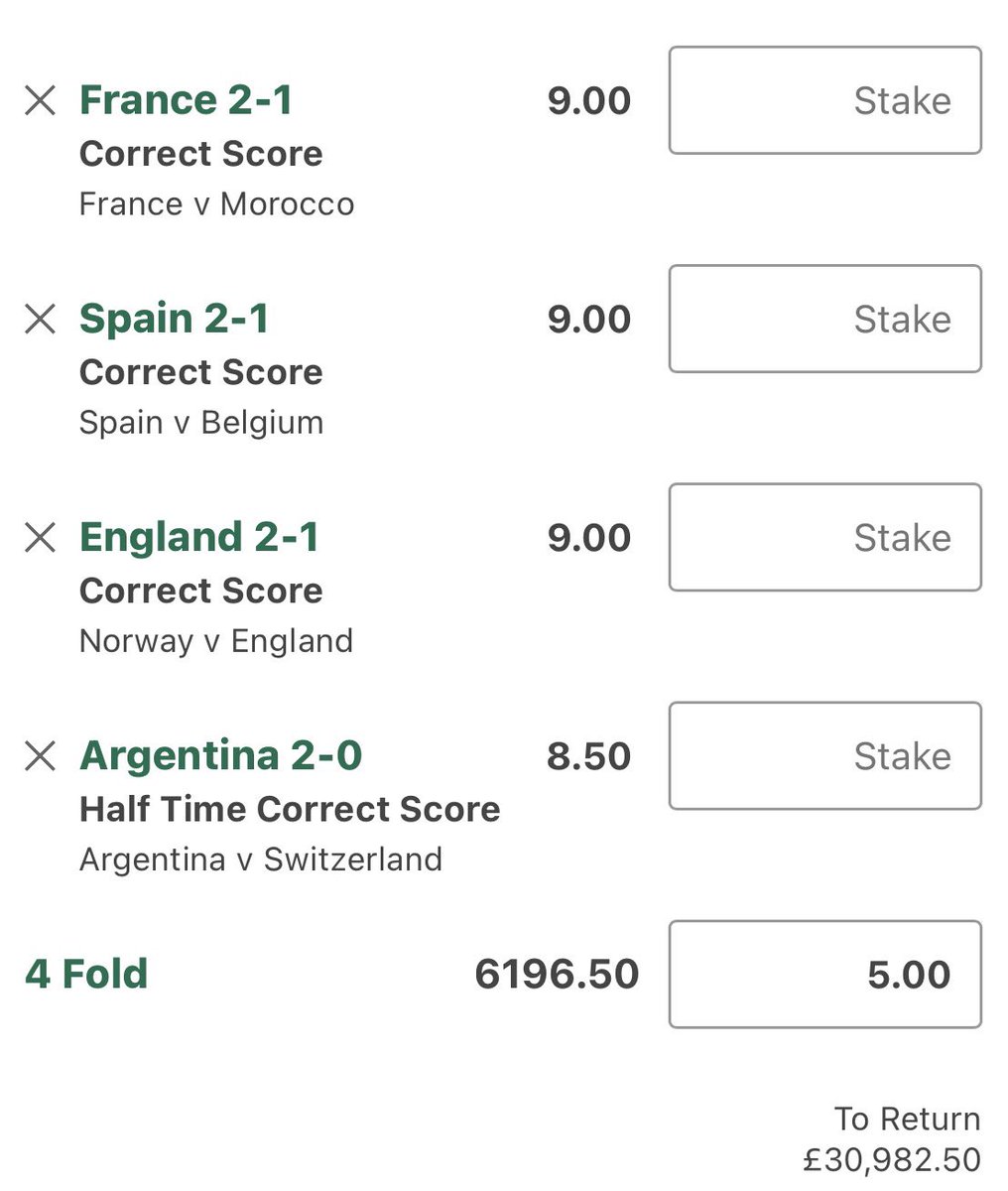 FredoTipping's tweet photo. Grok’s World Cup Score Predictions🌍

🇫🇷 France 2-1 Morocco 🇲🇦
🇪🇸 Spain 2-1 Belgium 🇧🇪
🏴󠁧󠁢󠁥󠁮󠁧󠁿 England 2-1 Norway 🇳🇴
🇦🇷 Argentina 2-0 Switzerland 🇨🇭 https://t.co/dCCtxrVIxE