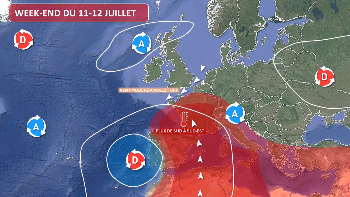 MeteoBretagne's tweet photo. #Bretagne #prévisions #tendance 
🥵Ambiance surchauffée jusqu'à la fin du week-end sur le sud Bretagne. Vent de nord-est sensible et moins chaud au nord💨. La goutte froide au large du Portugal ce week-end devrait se rapprocher en début de semaine prochaine et générer de l'instabilité entre lundi et mardi avec des ⛈️
🧐Article ici ⤵️
https://t.co/NHK5pBNypI
