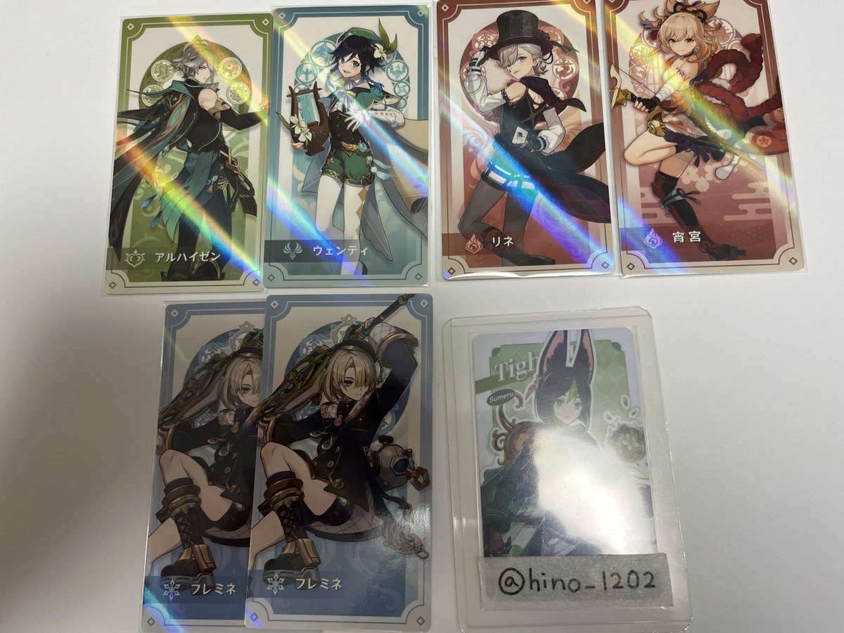 hino_1202's tweet photo. 原神　交換　譲渡　カード　特典　フォンテーヌ展　有馬温泉

譲)画像参照

求)希望額(300〜600円)/枚＋送料＜異種ティナリ

譲渡はなるべく宵宮、フレミネ含む内容希望

手渡しで渡されたものなので細かい初期傷ある可能性があります。予めご了承ください。
よろしくお願いいたします。 https://t.co/cHxwcrFDew