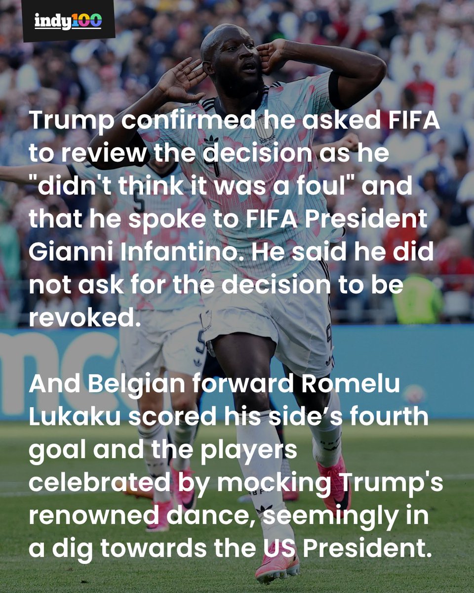 indy100's tweet photo. Belgium mock Donald Trump dance 🇧🇪

Belgium players seemed to celebrate the final goal in their 4-1 win over USMNT by mocking US President Donald Trump's dance.

#DonaldTrump #Belgium #USMNT #WorldCup #FIFAWorldCup

https://t.co/umPUT9M2O7 https://t.co/daNG6ldXyN