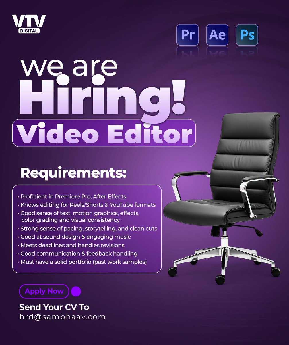 VtvGujarati's tweet photo. We’re hiring creative talent! Apply now | VTV Digital
#Hiring #Jobs #ApplyNow #CreativeJobs #Freshers #Careers #Ahmedabad #Gujarat #Ahmedabadjob #videoeditor #graphicdesigner #contentcrator #socialmedia #Fresherjob #jobinahmedabad #GujaratiNews https://t.co/X9xVSL7mZz