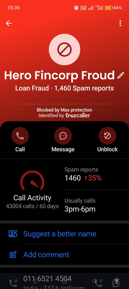 TLankeshwar's tweet photo. @HeroFinCorp aapki recovery team jis number (011-6521-4504) se call kara rahi hai, wo Truecaller par "Loan Fraud" flag ke saath 1,460+ spam reports le chuka hai, aur 60 din me 43,000+ calls kar chuka hai. Block karne ke baad bhi harassment jaari hai. Ab agar ek bhi call aayi, seedha RBI Ombudsman, NHRC aur Cyber Crime Portal (1930) me complaint dungaa. Likhit jawab do, phone nahi.@RBISAYS #meinadvocatenarendrajoshiksathhu