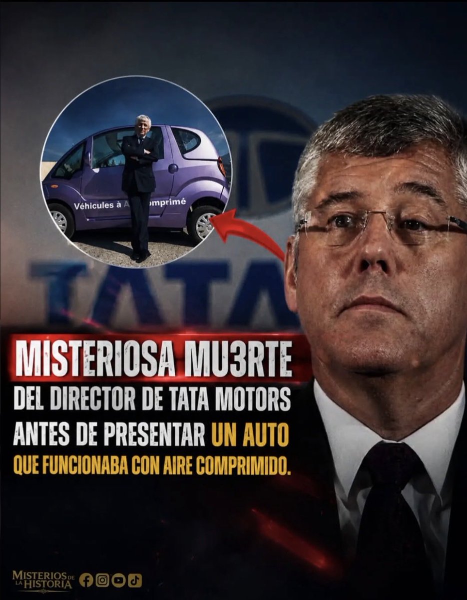 soroshijueputa2's tweet photo. Un automóvil que no necesitaba gasolina, diésel ni electricidad convencional. Funcionaba únicamente con aire comprimido. Sus creadores aseguraban que podría recorrer hasta 300 kilómetros, recargarse en minutos y costar mucho menos de mantener que un vehículo tradicional. Para muchos, era el inicio de una revolución energética.
El proyecto, llamado Mini CAT, fue desarrollado por el ingeniero francés Guy Nègre a través de MDI, en colaboración con Tata Motors, uno de los mayores fabricantes de automóviles de la India. Su motor utilizaba aire comprimido almacenado en tanques para mover pistones, sin combustión ni emisiones directas.
Pero el 26 de enero de 2014 ocurrió un hecho que alimentó todo tipo de teorías. Karl Slym, director general de Tata
Motors, fue encontrado mu3rto tras caer desde el piso 22 del hotel Shangri-La de Bangkok durante un viaje de negocios.
La investigación oficial concluyó que se trató de un suicidio y señaló la existencia de una nota en la habitación.

Aun así, muchos comenzaron a preguntarse si era solo una coincidencia: un fabricante evaluando un automóvil impulsado por aire en una industria donde la energía mueve billones de dólares, y la inesperada muerte de quien dirigía la compañía.
Con el tiempo, el Mini CAT nunca llegó al mercado. Los lanzamientos fueron aplazados una y otra vez hasta que el proyecto desapareció del panorama comercial.
No existen pruebas ni documentos oficiales que indiquen sabotaje o intervención externa. La explicación más aceptada apunta a dificultades técnicas y comerciales. Sin embargo, la combinación de una innovación disruptiva, una industria multimillonaria y la muerte de un alto ejecutivo sigue alimentando el misterio.
¿Fue simplemente un proyecto que no logró superar sus desafíos... o una historia con más preguntas que respuestas?