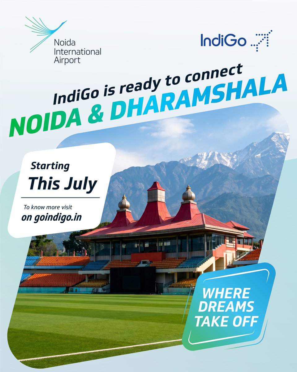 NIAirport's tweet photo. A new IndiGo connection is taking off from Noida International Airport.

Starting this July, fly to Dharamshala with IndiGo.

More connections. More convenience.

Book your trip today.

#wheredreamstakeoff

#noidaInternationalairport #dharamshala #niairport #goindigo https://t.co/ceVquebggE