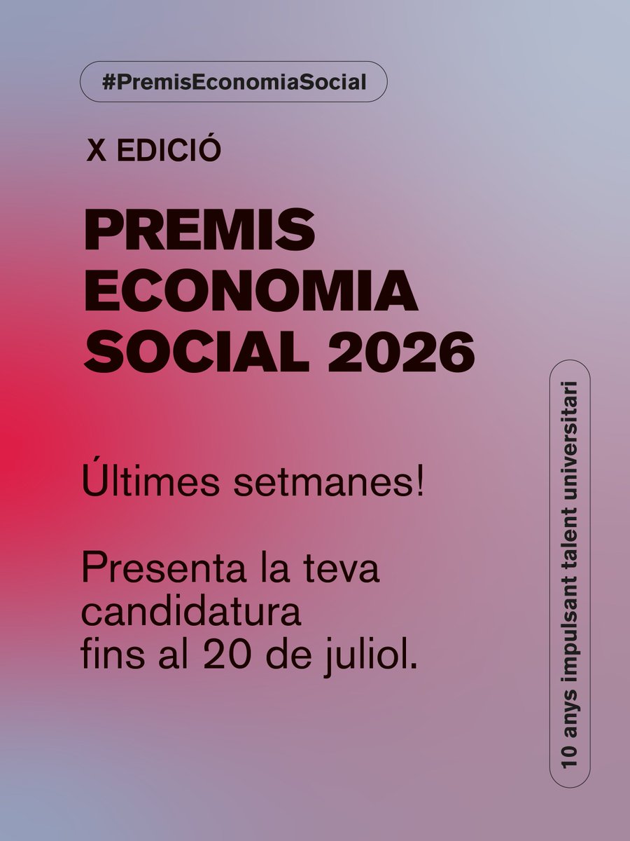 rocagales's tweet photo. ⏳ Última crida!

Queden pocs dies per presentar el teu treball als Premis d'Economia Social.

Si el teu TFG o TFM impulsa alternatives per transformar el present, no deixis passar aquesta oportunitat.

📅 Fins al 20 de juliol.
🔗 Més info: https://t.co/njmgXvY7qI https://t.co/kndWtX5yVH