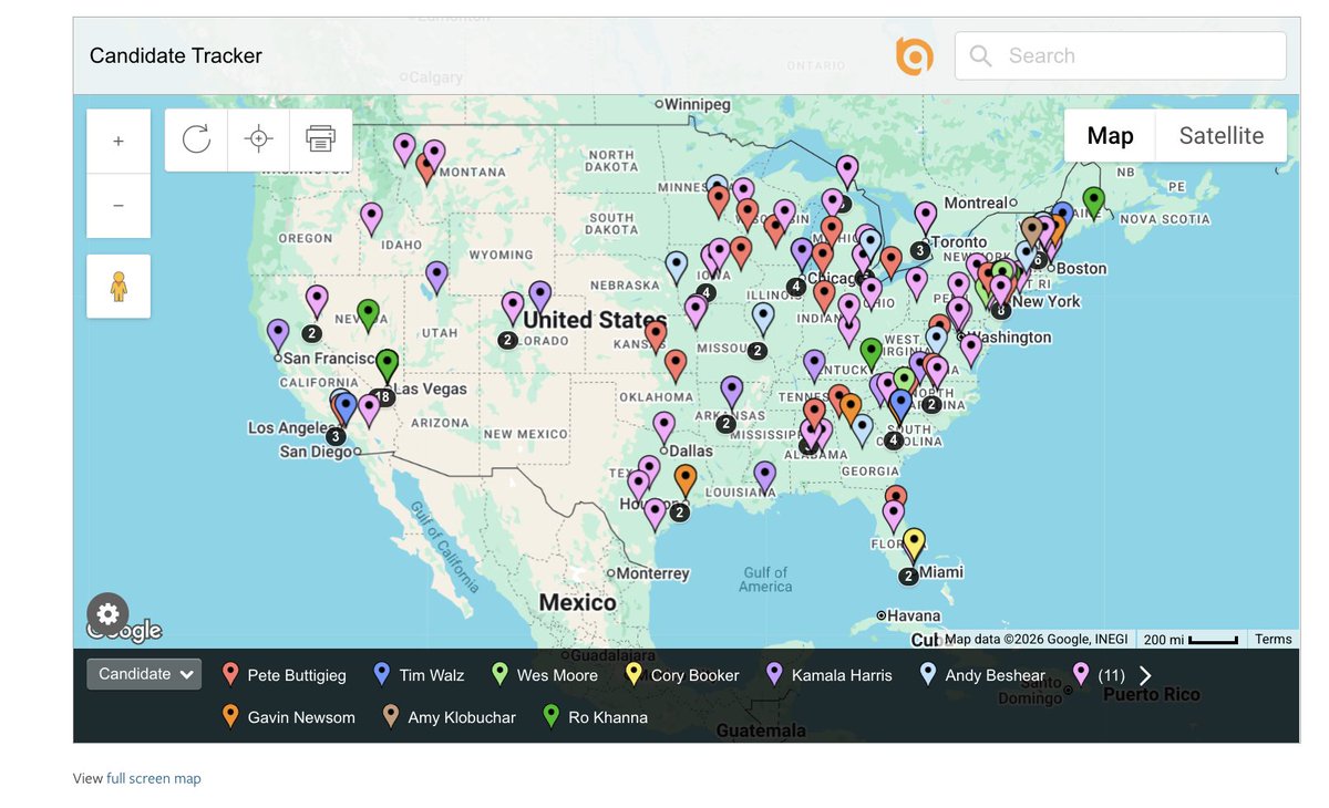 kirk_bado's tweet photo. This AM Hotline updated its tracker of midterm travel for the (potential) 2028 contenders! 

The map is now:
- Searchable by candidate and event type
- Includes more than two dozen contenders
- Automatically updated with new announcements https://t.co/EfKPyF1q5l
