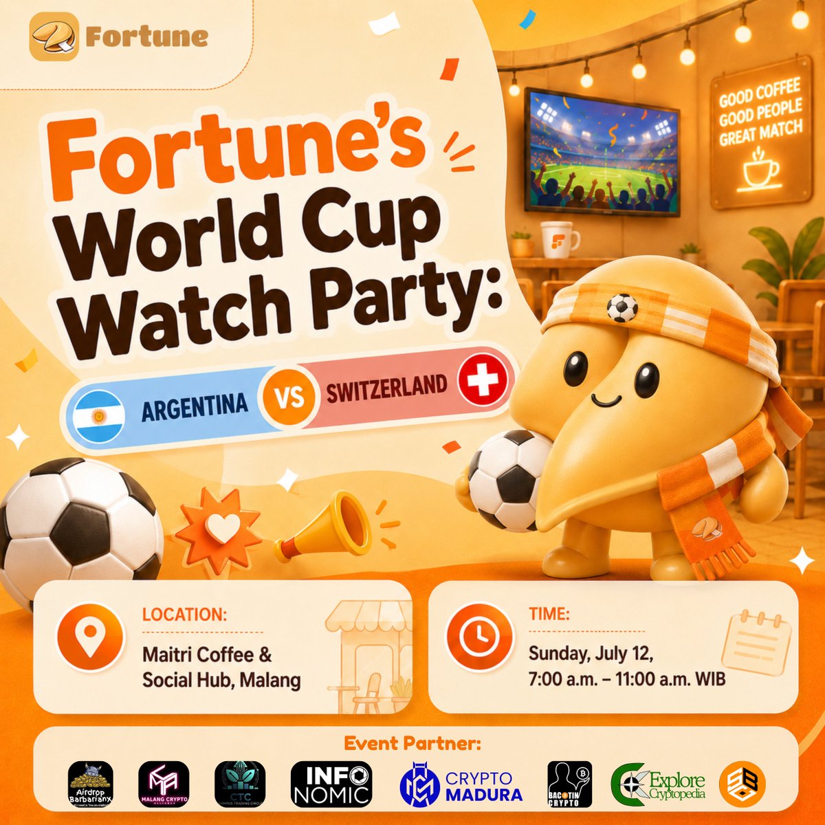 io_FortuneID's tweet photo. 🎉NOBAR PILDUN GRATIS FULL MERCH! + DOORPRIZE UANG TUNAI 250.000 IDR!!💸

Fortune World Cup Party, Hadir di Malang rek!🥠

👋 Halo Arema, Arek-arek Malang (dan sekitarnya)! Ayo kumpul nobar perempat final Pildun bareng komunitas Web3 & fans sepak bola..

📅 12 Juli 2026
⌚07:00 - 11:00 WIB
📍Maitri Coffe & Social Hub, Kota Malang
📹 Fola Play Streaming
🎟️RSVP: https://t.co/BNtGCY6Qlv (GRATIS)

Banyak makan, minum & FULL MERCHANDISE Fortune yang limited edition, mpe hadiah UANG TUNAI buat yang dateng(FCFS)!

Gaass Nobar rek, Kita seru-seruan bareng.. Ayoo Habisin merch nya wkwkw

Sampai jumpa di event!🙌
*sekalian CFD enak gak sih :v