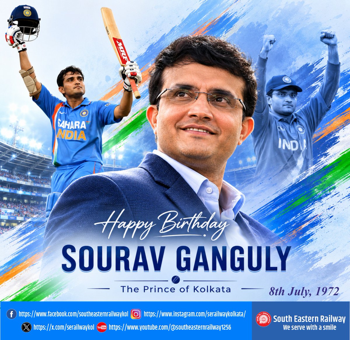 serailwaykol's tweet photo. Happy Birthday to the Prince of Kolkata and the captain who redefined Indian cricket with fearless leadership and unwavering determination. Wishing Sourav Ganguly good health, happiness and many more years of inspiring generations. 

#HappyBirthdaySouravGanguly 
#Dada
 #PrinceOfKolkata
 #CricketLegend
 #IndianCricket
 #SouthEasternRailway