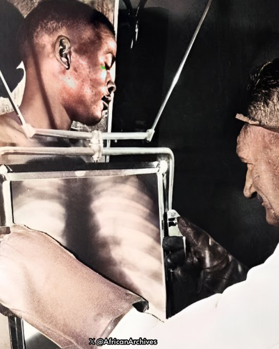 AfricanArchives's tweet photo. South African mine workers being x-rayed by radiologists at the end of each shift before leaving the De Beers diamond mines in Kimberley, South Africa, exposing them to radiation constantly, 1956. https://t.co/7rYbF7P67B