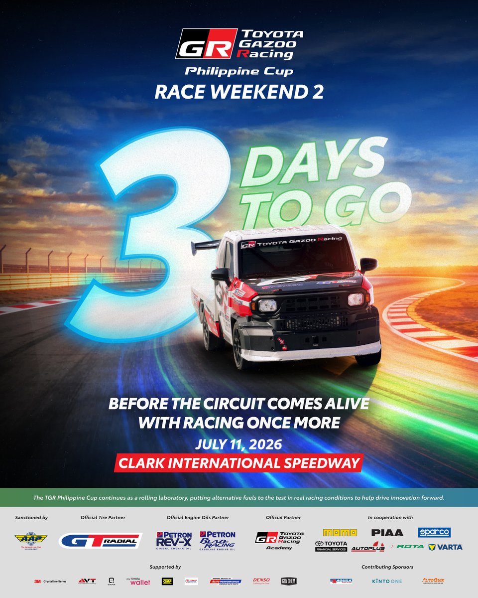 TGRPhilippines's tweet photo. Only 3 days to go till we're back where we belong: the track 🏁

#TGRPhilippineCup2026 #TOYOTAGAZOORacing #PushingTheLimitsForBetter #TGRPhilippines https://t.co/FeiL1esTGe