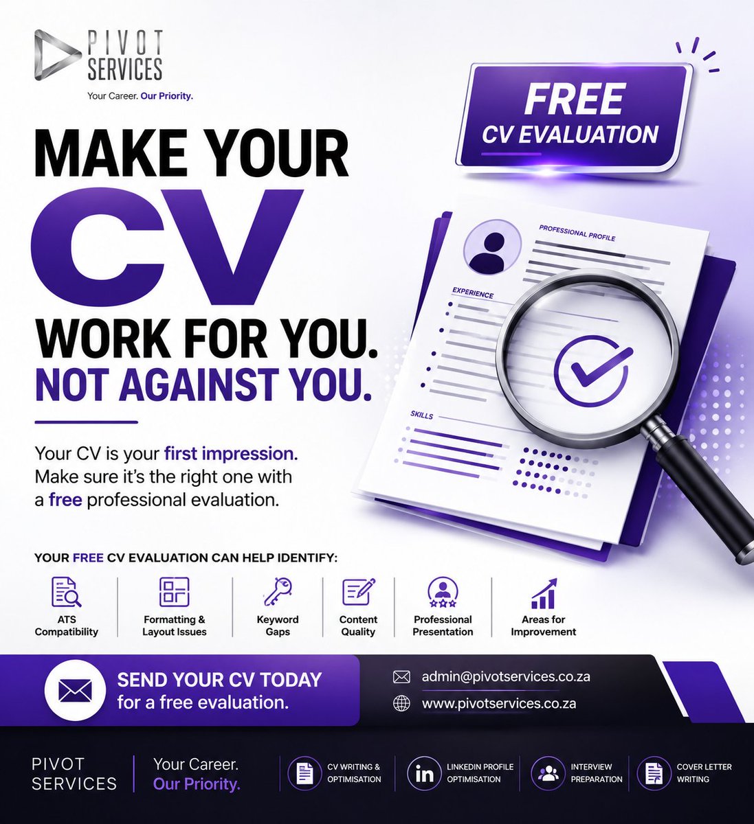 PivotPromotions's tweet photo. Is your CV working for you, or against you?
π§ Send your CV today for a free evaluation: admin@pivotservices.co.za
π Website: https://t.co/R0vWtW0M4n
#PivotServices #FreeCVEvaluation #CVReview #CVWriting #ATSOptimisedCV #JobSearchSA #CareerSupport #ProfessionalCV https://t.co/ISogyJBgZE