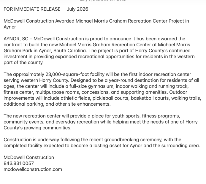 McDowellConst's tweet photo. FOR IMMEDIATE RELEASE     July 2026

McDowell Construction Awarded Michael Morris Graham Recreation Center Project in Aynor

McDowell Construction
843.831.0057
https://t.co/H0QCR0aJPU https://t.co/BSCFEkjB7V