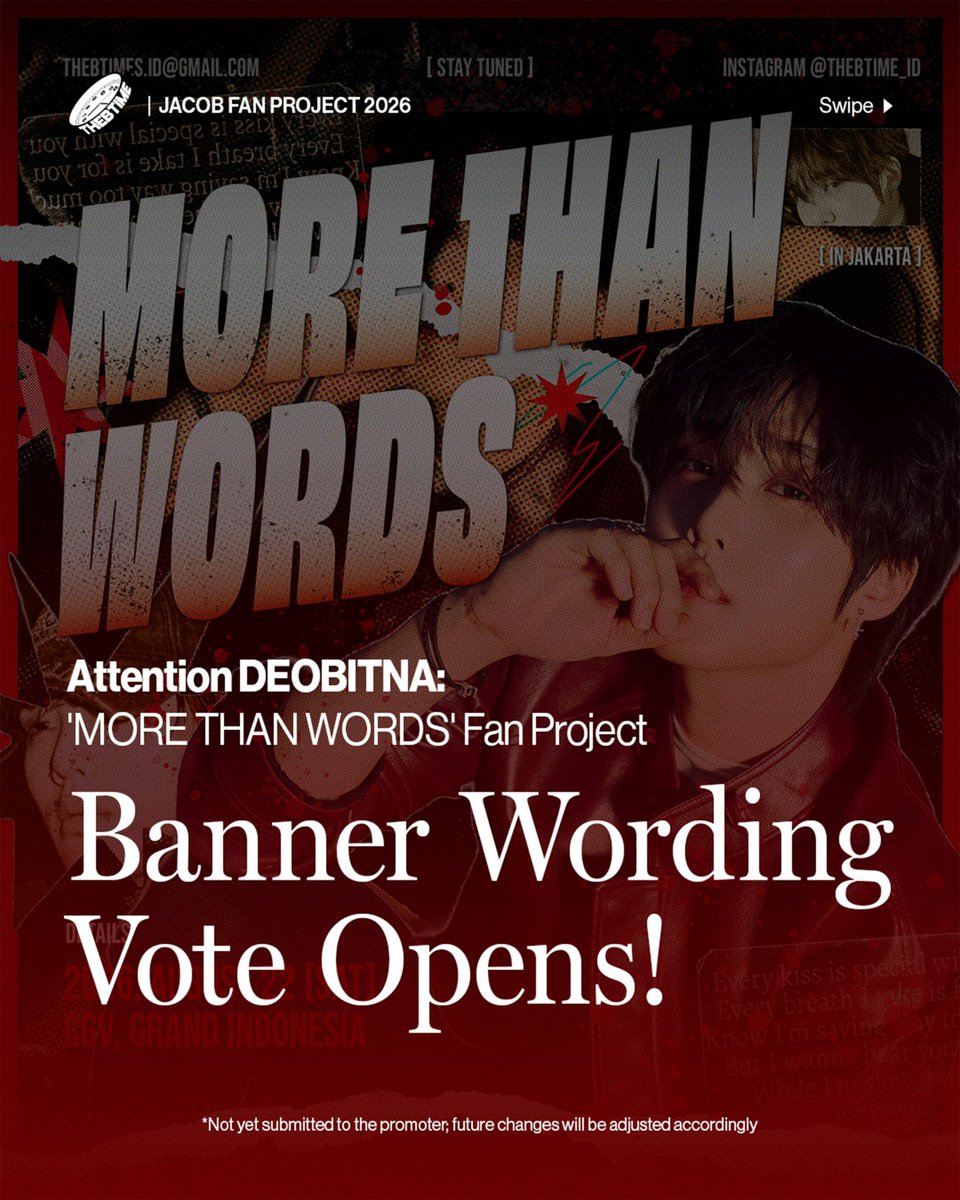 thebtime_id's tweet photo. Hi, DEOBITNA
Banner Wording Vote kini RESMI di Buka🗳️

Kami mengundang seluruh DEOBITNA untuk memilih pesan yang akan menjadi bagian dari #JACOB_MTWTOUR2026 FanProject Jakarta

‼️Note : Seluruh konsep masih dapat berubah dan disesuaikan dengan persetujuan promotor

#JACOB #제이콥 https://t.co/s73knOshEW
