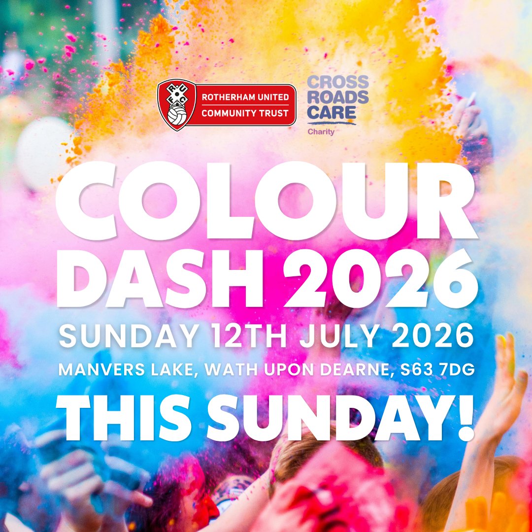 RUFC_CT's tweet photo. RUCT | The countdown is on... the Colour Dash is THIS SUNDAY! 🌈

There's still time to be part of one of Rotherham's most colourful events, but you'll need to be quick... bookings close this Friday!⏰

Whether you're walking, jogging, running or wheeling your way around the course, you'll enjoy a morning full of colour, community and fun while supporting Rotherham United Community Trust and Crossroads Care Rotherham.

📅 Sunday 12th July
📍 Manvers Lake, Wath upon Dearne

Don't miss out, once bookings close on Friday, there will be no sign-ups on the day!

Book your place now:
https://t.co/H06HwZDOdz

Who's joining us? Tag your Colour Dash team below! 👇
