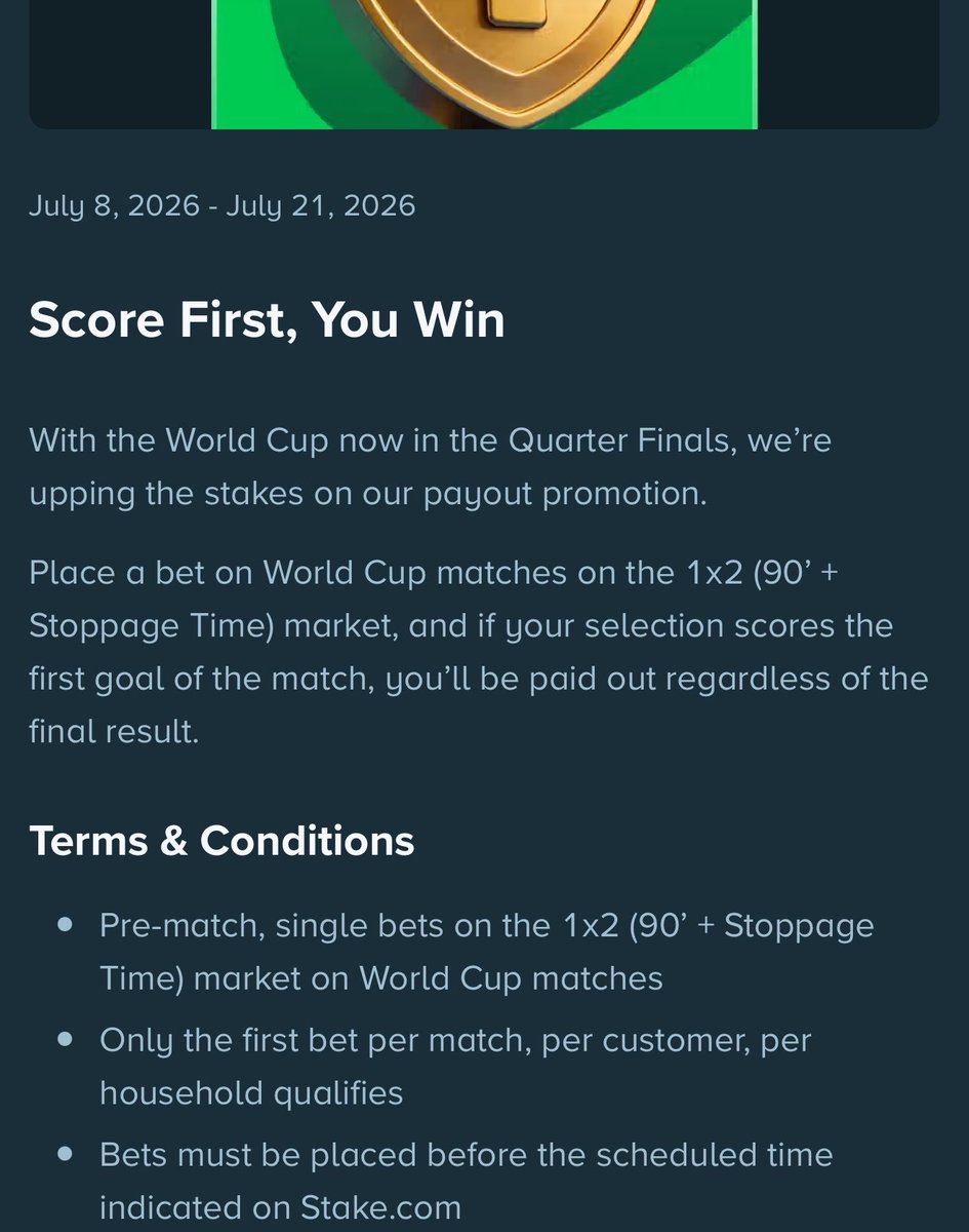 Mrbankstips's tweet photo. World Cup Quarter Finals promo on Stake 🎯

Back any team on 1x2 and if your side scores the first goal of the match, you’re paid out as a winner, regardless of the final result.
Live now through the Final. 🏆

Get on here https://t.co/90x9z2U2ei

Let’s Win 🍏 https://t.co/5v9BCK0zFg