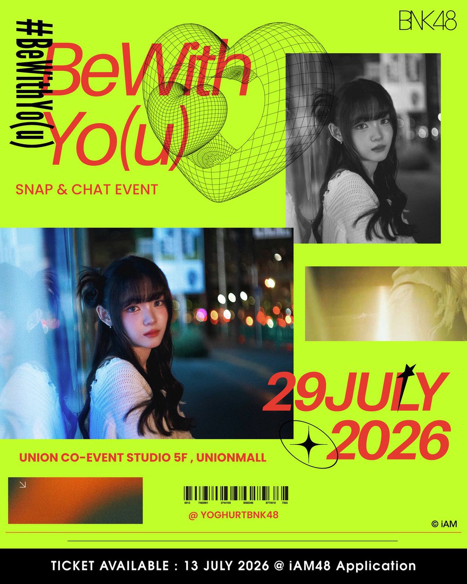 YoghurtTHFC's tweet photo. [⏳⭐️] #BeWithYo(u)

#YoghurtBNK48
#BNK48

BeWithYo(u) : Snap & Chat Event
🗓️ 29 JUL 2026
📍 UNION CO-EVENT STUDIO 5 FL., Union Mall
🎫 2,500 / 7,500 / 12,500 / 25,000 THB

[TICKET PRICE & BENEFITS]

SNAP (PHOTO BOOTH): 2,500 THB
Photo Booth (3 Acts)
Photo Booth File
Selfie card

CHAT (PRIVATE TALK): 7,500 THB
Private Talk 3 Minutes
Handmade Snack by Yoghurt
Selfie card

CHAT (PRIVATE TALK): 12,500 THB
Private Talk 5 Minutes
Handmade Snack by Yoghurt
Selfie card

CHAT (PRIVATE TALK): 25,000 THB
Private Talk 10 Minutes
Handmade Snack by Yoghurt
Selfie card

[SNAP & CHAT SCHEDULE]

SNAP (ROUND 1) 11:30 - 13:10
Ticket Available: 13 JUL (12:00) - 27 JUL 2026 (12:00)

CHAT (ROUND 1) 13:10 - 14:10
Ticket Available: 13 JUL (12:30) - 27 JUL 2026 (12:00)

SNAP (ROUND 2) 15:10 - 16:50
Ticket Available: 13 JUL (13:00) - 27 JUL 2026 (12:00)

CHAT (ROUND 2) 16:50 - 17:50
Ticket Available: 13 JUL (13:30) - 27 JUL 2026 (12:00)

SNAP (ROUND 3) 18:50 - 20:30
Ticket Available: 13 JUL (14:00) - 27 JUL 2026 (12:00)

CHAT (ROUND 3) 20:30 - 21:30
Ticket Available: 13 JUL (14:30) - 27 JUL 2026 (12:00)

[หมายเหตุ]
ใน 1 กิจกรรม ท่านสามารถซื้อบัตรได้ 2 ใบเท่านั้น แต่สามารถซื้อได้ทุกกิจกรรม โดยท่านและผู้ติดตาม ต้องแสดงตัวพร้อมกันโดยมีบัตรประชาชนหรือเอกสารทางราชการที่มีรูปถ่ายชัดเจน ชื่อตรงกับบัตรที่ร่วมกิจกรรมและไม่สามารถเปลี่ยนชื่อผู้เข้าร่วมกิจกรรมได้หลังจากทำการซื้อเสร็จสิ้นในกรณีที่หลักฐานไม่ชัดเจน หรือไม่ได้นำหลักฐานมา ขอสงวนสิทธิ์ในการเข้าร่วมกิจกรรม
