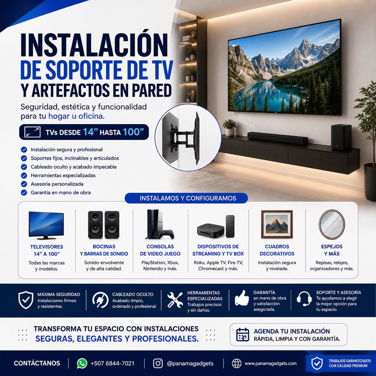 panamagadget's tweet photo. Necesitas instalar un TV o cualquier equipo en pared?

✅ TVs de 14” a 100”
✅ Cableado oculto
✅ Instalación profesional
✅ Garantía en mano de obra
✅ Barras de sonido, consolas, Roku, Apple TV, cuadros, espejos y más.

📲 WhatsApp: +507 6844-7021
🌐 https://t.co/psOdrqZMJd https://t.co/gLI8IHJSZb