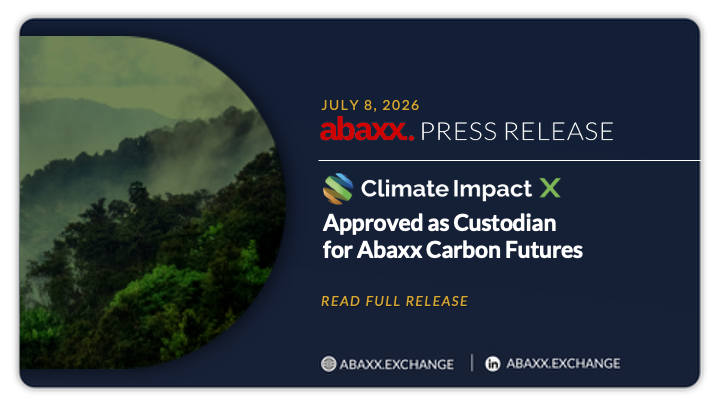 abaxx_exchange's tweet photo. Climate Impact X has been approved as an eligible custodian for Abaxx Exchange’s carbon futures.

CIX clients can now use its omnibus custody and multi-registry connectivity to hold, transfer &amp; retire credits delivered under Abaxx CP1 and RD1 futures, alongside spot activity. https://t.co/7vAxWLsrLu