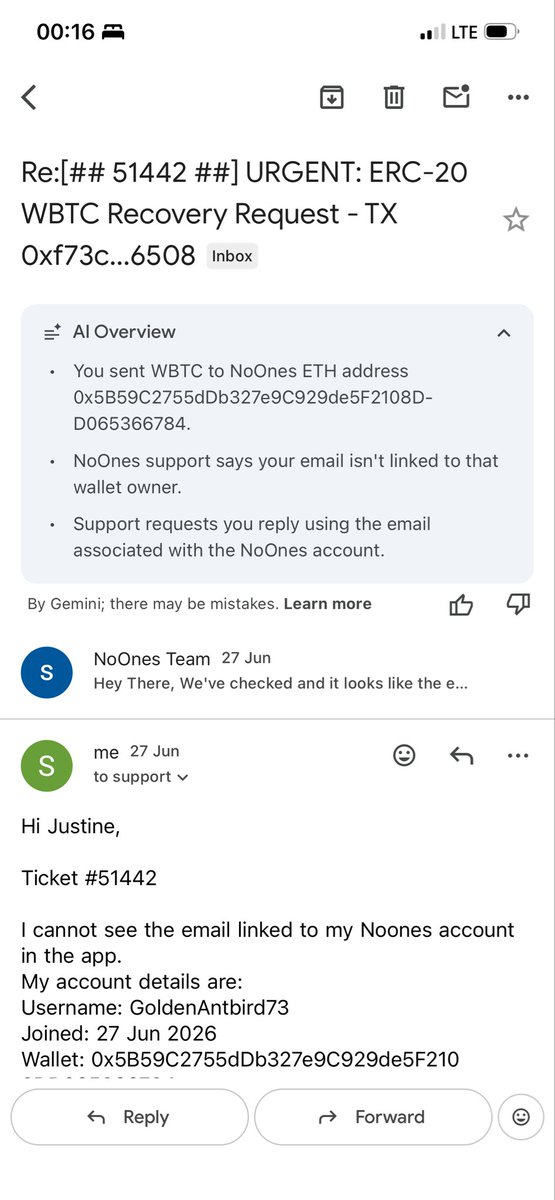 DaveDemeritsGuy's tweet photo. @NoOnesSupport @NoOnes

URGENT: Ticket #51442 - ERC-20 WBTC recovery stuck

TX: 0xf73c...6508 
To: 0x5B59...6784

Receiver confirmed from correct email on June 27, 2026.
Sent follow-up escalation July 4. 
No reply for 7+ days.

Please escalate to senior agent and resolve ASAP. https://t.co/2h1CYSCn6U