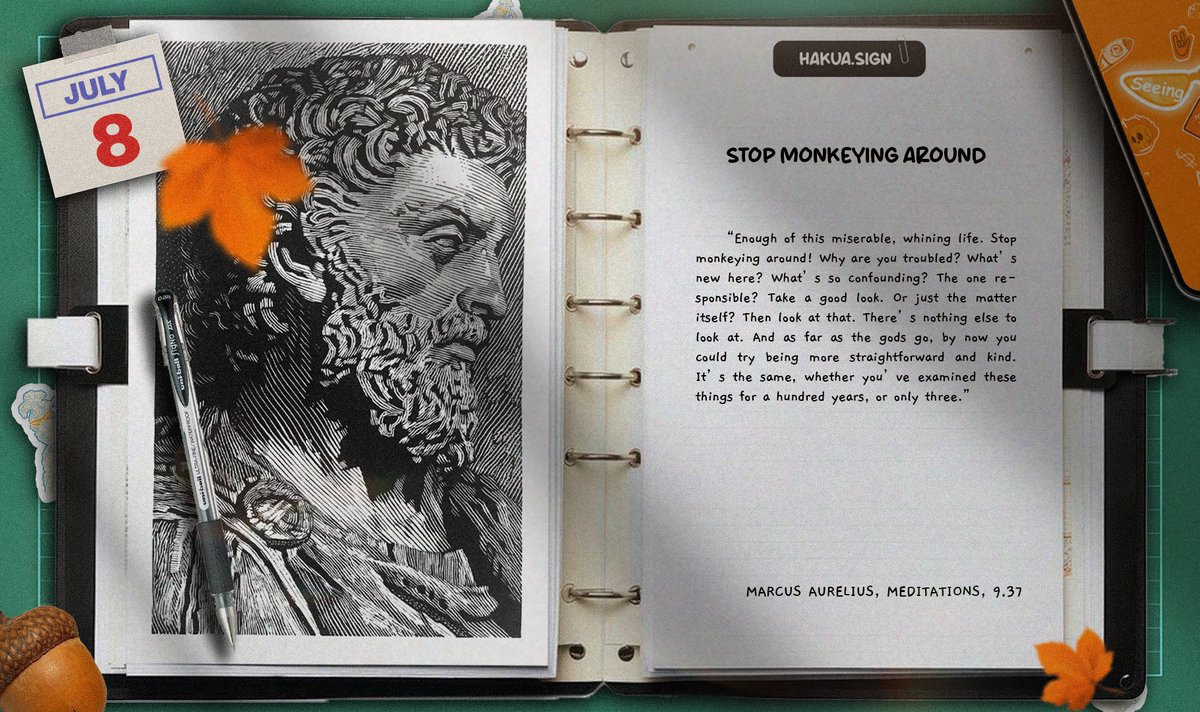 hakua_sign's tweet photo. 📖 The Daily Stoic – July 8

"Stop Monkeying Around" – Marcus Aurelius

Stop whining, stop stalling, stop waiting. Own your life right now, not later. Self-respect doesn't come before responsibility. It comes from it.

Stay Stoic. 🪨 https://t.co/MDundfeJdA