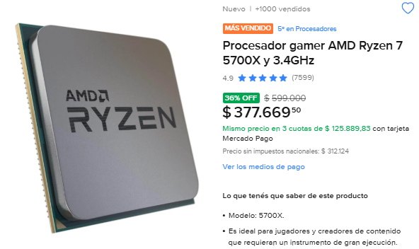 BotdeOfertas's tweet photo. 🚨 ALERTA DE PRECIO
🔥 AMD Ryzen 7 5700X
🏆 Top 5 en procesadores.
⭐ 4.9/5 con más de 7.500 opiniones.
🎮 Ideal para gaming, streaming y edición.
💥 36% OFF
 $599.000 ➜ $377.669
https://t.co/PZbYVoe1i3 https://t.co/0FudcTRRw7