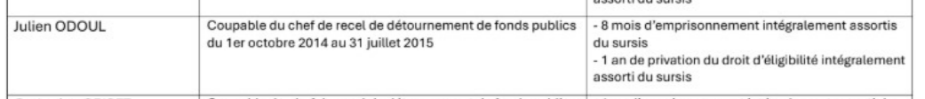 SeraphineMoreau's tweet photo. ✴️Julien ODOUL
🔸Infractions retenues
Coupable du chef de recel de détournement de fonds publics du 1er octobre 2014 au 31 juillet 2015

🔸Peines
- 8 mois d'emprisonnement intégralt assortis du sursis
- 1 an de privation du droit d'éligibilité intégralement assorti du sursis
15/n https://t.co/3auswiYbX4