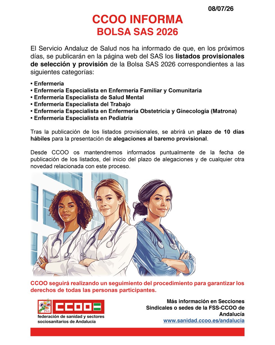 fssccooand's tweet photo. 📄 El SAS nos informa de que en los próximos días se publicarán listados provisionales de selección y provisión de Bolsa para diferentes categorías de #Enfermería

🗓 Se abrirá un plazo de alegaciones de 10 días

#CCOOTuSolución #SanidadPública #Andalucía https://t.co/H1NBbpB5K1