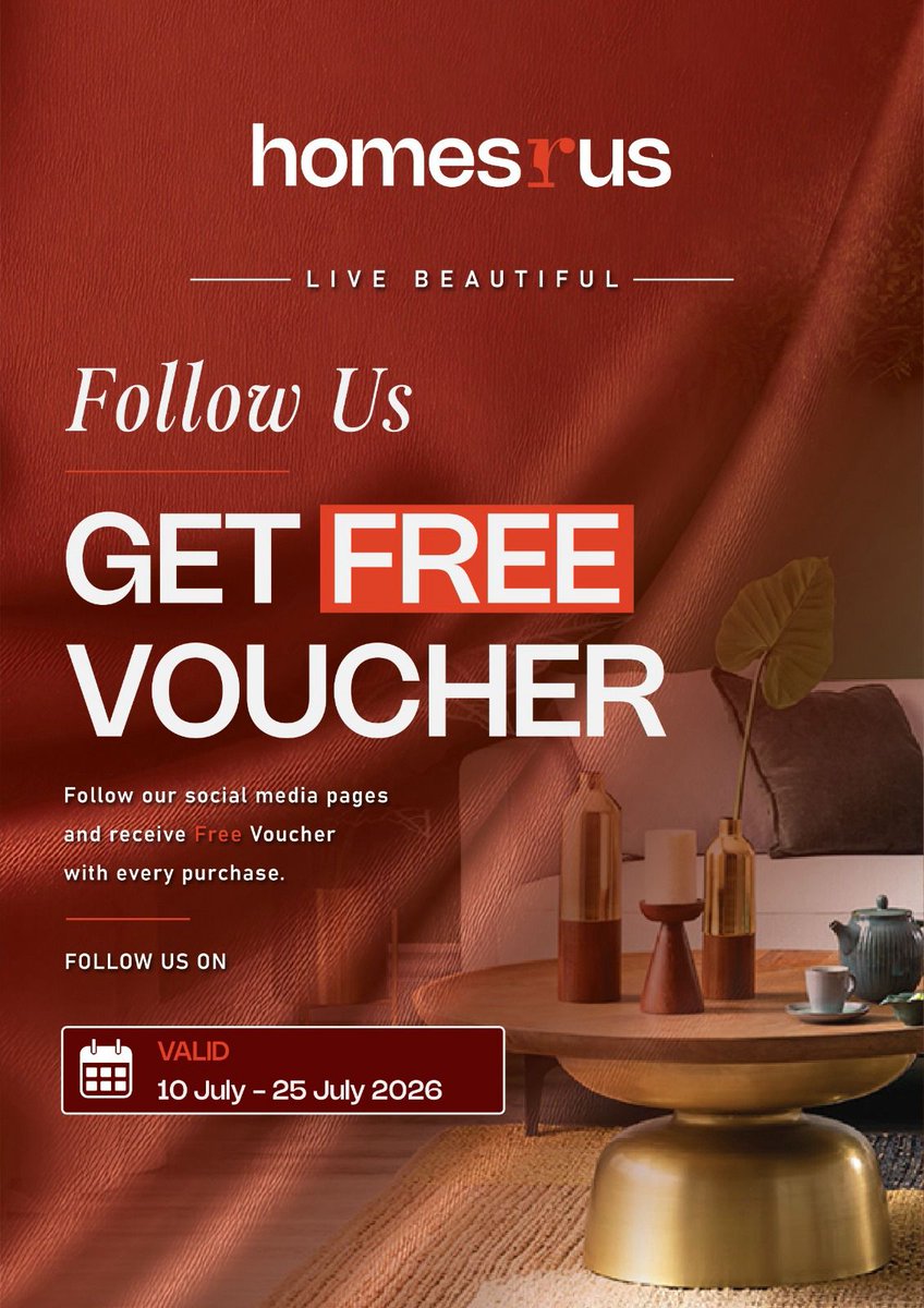 HomesRUsQatar's tweet photo. Your home deserves beautiful details—and so do you. 🏡✨

Follow all our social media pages and receive a FREE voucher with every purchase at Homes R Us.

💬 Which Homes R Us collection is your favorite?
👥 Tag someone who loves home décor.
📲 Share this post.

📅 Valid from 10 July – 25 July 2026

#HomesRUs #qatar🇶🇦 #explorepage #explorers #هومز_آر_أس #قطر