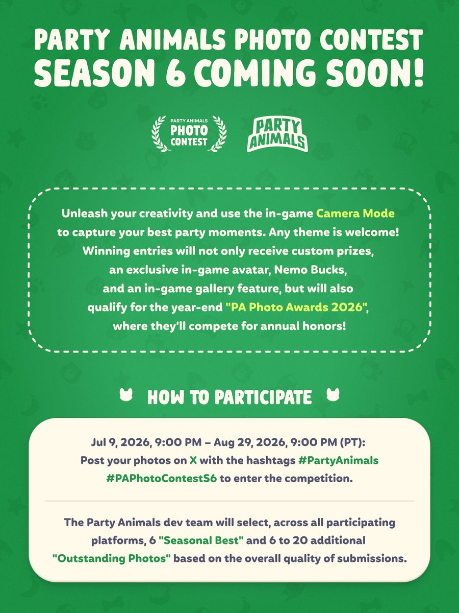 party_animals's tweet photo. 📸 Party Animals Photo Contest - Season 6 Starting Soon!

From Jul 9, 2026, 9:00 PM to Aug 29, 2026, 9:00 PM (PT), unleash your creativity and use the in-game Camera Mode to capture your best party moments — any theme is welcome!

Post them on X with hashtags #PartyAnimals #PAPhotoContestS6 for a chance to win custom prizes, an exclusive in-game avatar, and Nemo Bucks, get your work featured in the in-game Gallery, and also qualify for the year-end "PA Photo Awards 2026" along with previous winning entries, where they'll compete for annual honors!

For more details, check: https://t.co/jtBNavxb3d