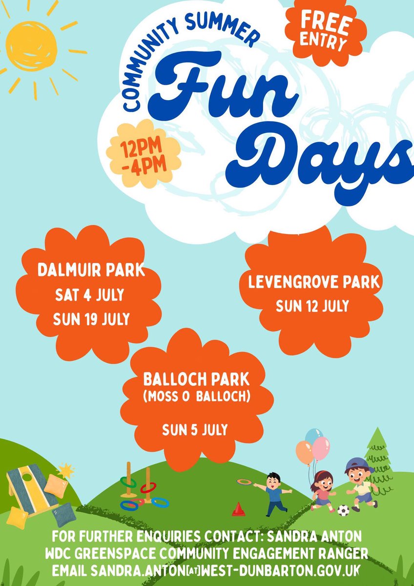 AitkenbarPS's tweet photo. #Community Summer Fun Days! ☀️🎉 FREE family fun at your local park this summer 🌳🎪🐴 With activities &amp; entertainment for all ages 🥳 
📌 Dalmuir Park – Sat 4 &amp; Sun 19 July
📌 Balloch Park – Sun 5 July 
📌 Levengrove Park – Sun 12 July 
🕛 Time: 12-4PM More info below👇🏻 ⬇️ https://t.co/MThqAlhv26