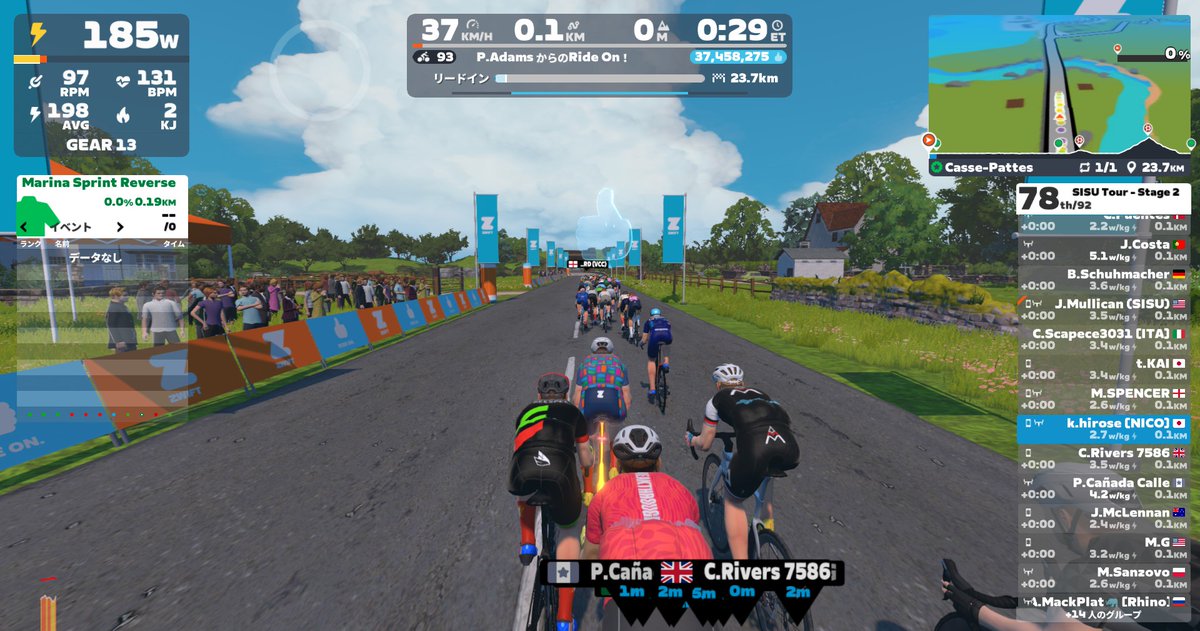 0Hirose3's tweet photo. Zwift - Race: SISU Tour - Stage 2 (D)
19時スタートだと帰宅時間の絡みでアップが10分くらいしかできない。スタートダッシュがつらくてできず、集団はあっという間に去っていった。
あと６秒まで追いついたがそこで力尽きた。その後は数人で走る。
全カテ混走で人数が多いのとスコア対象だったので出たが、結果は285と３マイナスとなってしまった。