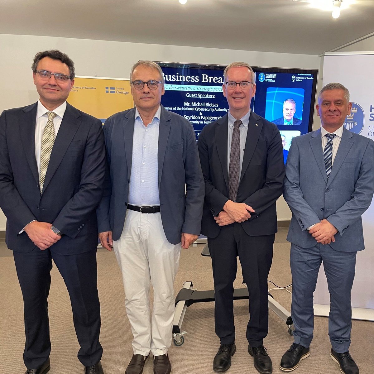 SwedeninGR's tweet photo. #BusinessBreakfast on cybersecurity/business continuity. Cybersecurity not merely an IT issue, but a matter of leadership, governance&amp;business resilience. Many thanks to speakers, Michail Bletsas, Gov. of🇬🇷 NationalCybersecurityAuthority &amp; Spyridon Papageorgiou, Partner at KPMG. https://t.co/e1gYTqho0A