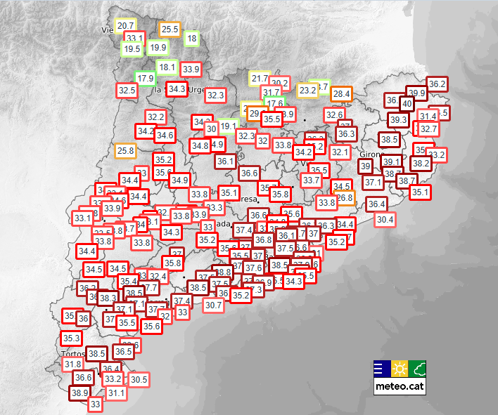 Monica_Usart's tweet photo. 🌡️ Ja s'ha sobrepassat la línia dels 40ºC en estacions com la de Cabanes, Espolla i Vallirana (@meteocat) i també a Llagostera i Porqueres (@meteoclimatic). Uns valors que encara es poden enfilar més durant la tarda. https://t.co/O3fVHKGoea