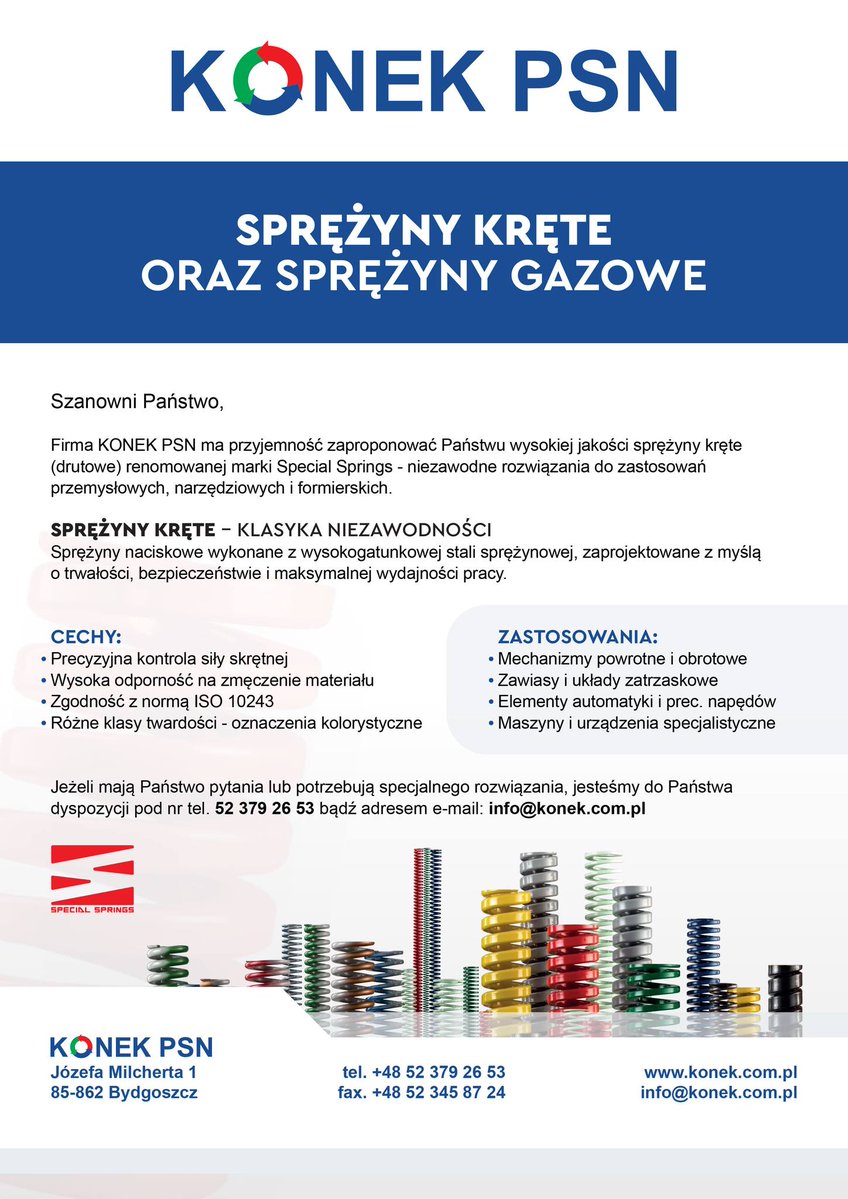 KONEKPSN's tweet photo. Firma KONEK PSN ma przyjemność zaproponować Państwu wysokiej jakości sprężyny kręte (drutowe) oraz sprężyny gazowe renomowanej marki SpecialSprings - niezawodne rozwiązania do zastosowań przemysłowych, narzędziowych i formierskich.
—
+48 52 379 26 53
info@konek.com.pl
—
#konekpsn https://t.co/vGvBkhOlzZ