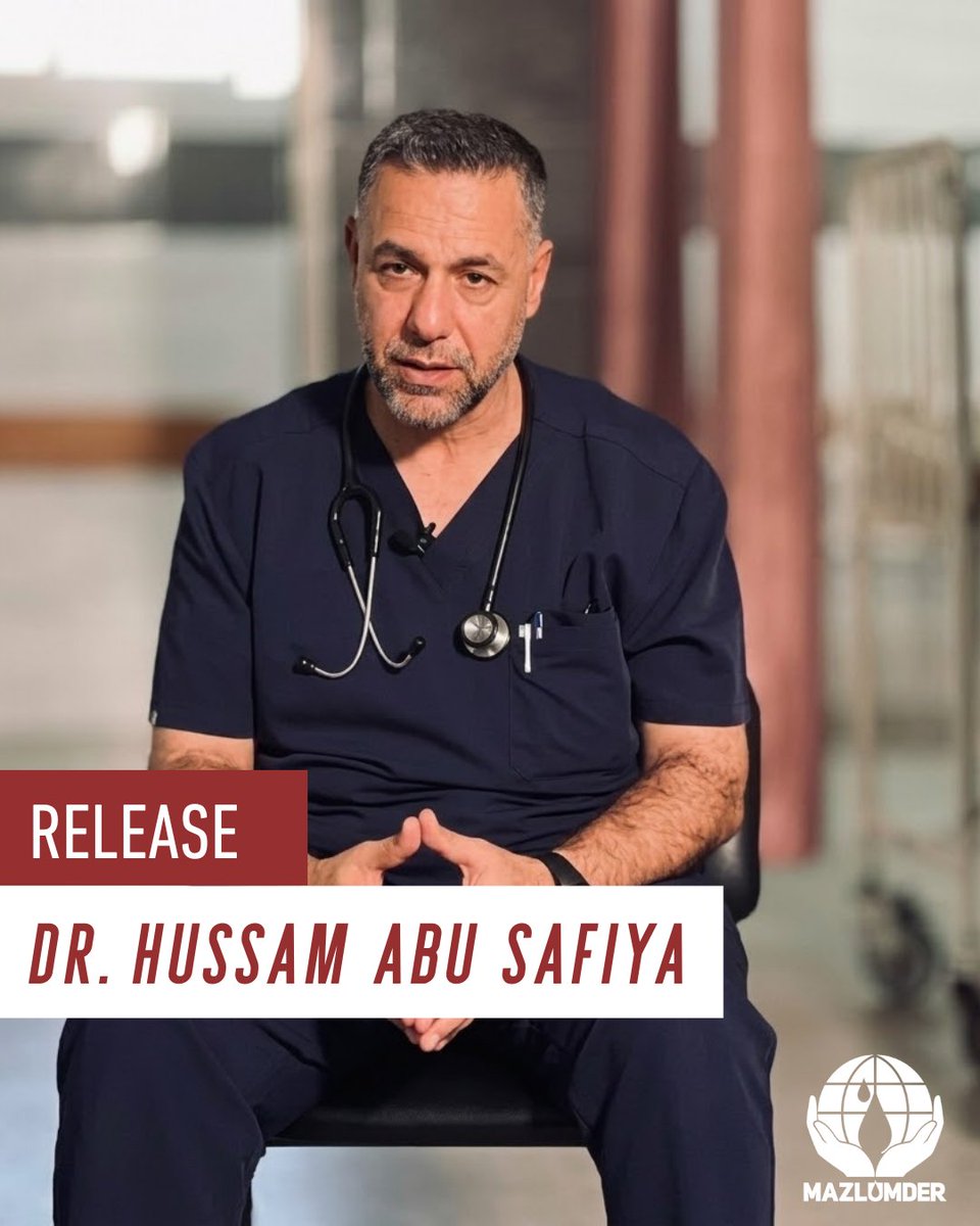 mazlumder's tweet photo. Release Dr. Hussam Abu Safiya!

Dr. Hussam Abu Safiya, who was detained by Israel during its attack on Kemal Advan Hospital in Gaza on December 27, 2024, has been held in the occupation regime’s prisons for 18 months without any concrete charges.

According to information provided by his lawyer, Dr. Hussam Abu Safiya has been subjected to ill-treatment and torture in prison; we demand his immediate release and call on the international community to exert pressure on the occupying authorities.
