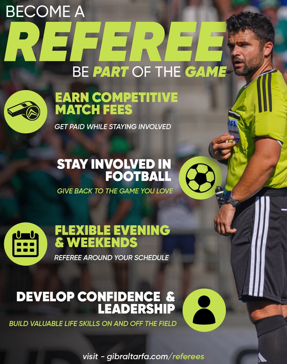 GibraltarFA's tweet photo. #BecomeAReferee, and become part of the game! ⚽️

💷 | Earn FEES through the game you love
⚽️ | Stay INVOLVED in football
📆 | Referee around YOUR schedule
😁 | Grow CONFIDENCE and LEADERSHIP skills

Interested? Join us now! ⏰

ℹ️ - https://t.co/7gFBEqsx7B https://t.co/TIHudDoT4E