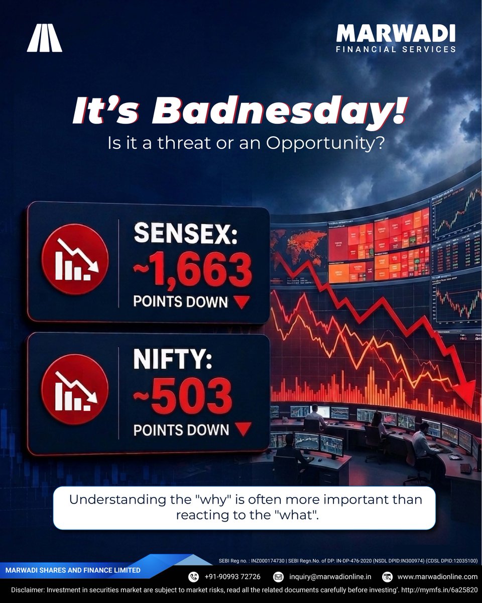 MarwadiHQ's tweet photo. Markets don't move on numbers alone, they move on expectations, uncertainty, and sentiment.

Sensex: ~1,663 Points Down
Nifty: ~503 Points Down

#sensex #nifty50 #IndianStockMarket #MarketCrash #EquityMarket #globalcrises #MSFL #MSFLIndia #MSFLHQ https://t.co/OsJcp9xEkl