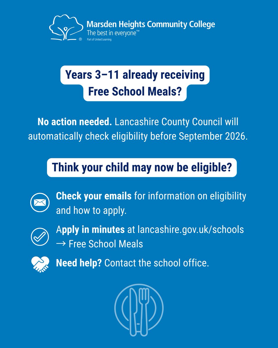 MarsdenHeights's tweet photo. Parents and Carers: Please check your Arbor emails for a communication about Free School Meals for September 2026. https://t.co/Rn6L0rQ9TH