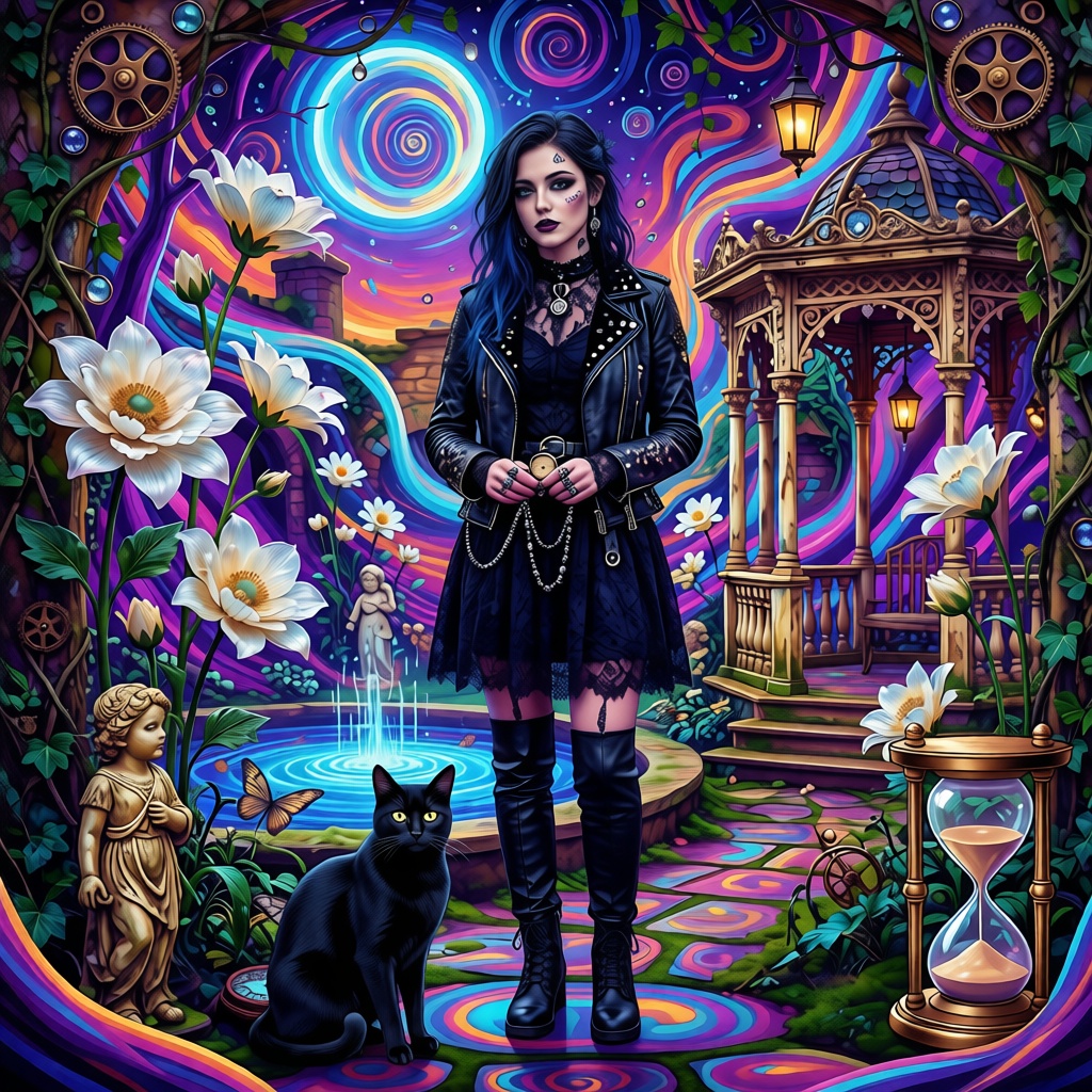 Petee247's tweet photo. In the garden of spirals, she guards the hourglass of forgotten time. aiart #gthsurrealism #gothsubcuture https://t.co/IJ4x1iEnNW