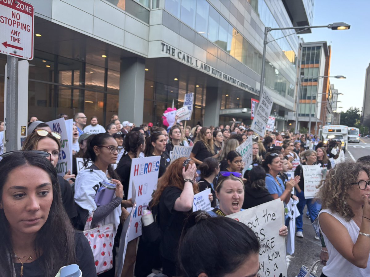 MassNurses's tweet photo. Brigham nurses on strike for respect and patient safety!!!!! MGB billionaires forced a strike because of corporate greed! #StandWithNurses https://t.co/fqEHsGgaqx